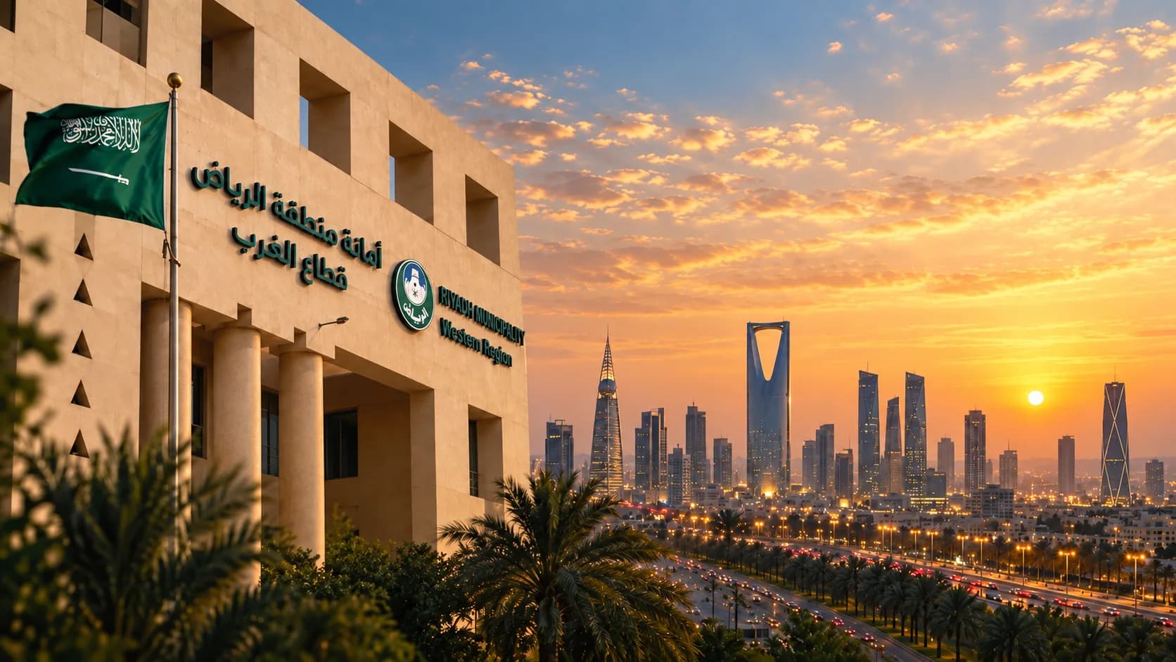 مشهد معماري للرياض وقت الغروب مستوحى من المرجع